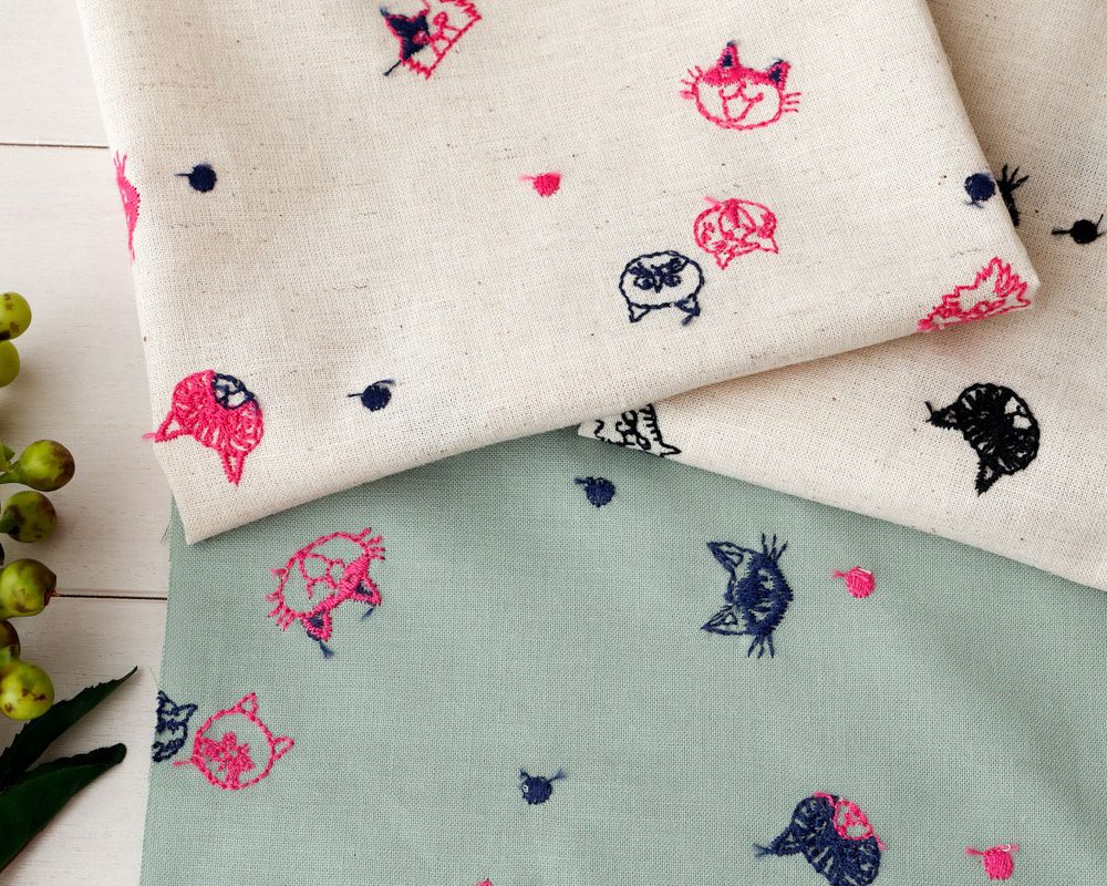 カットクロス】おもしろ猫デザインの刺繍ファブリック Sibille [M便 1