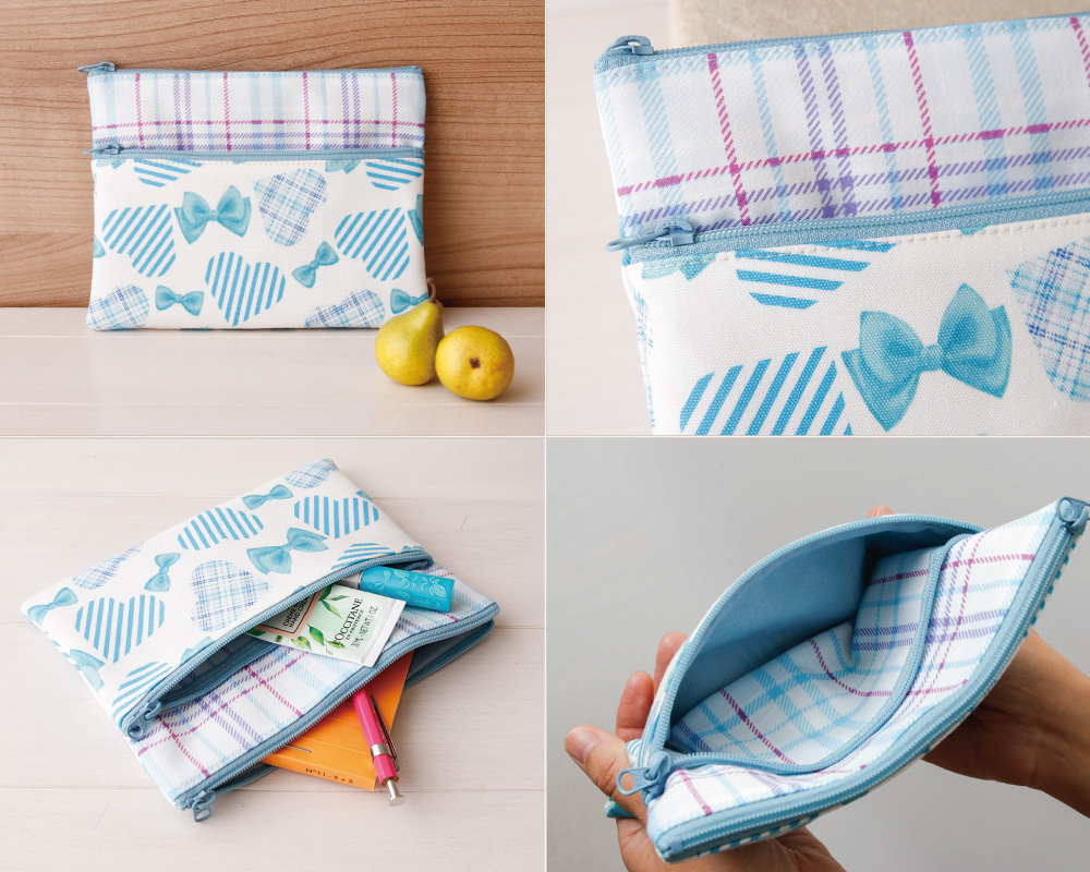 ☆リボン・ハートandチェック生地で作る「ダブルファスナーポーチ(S