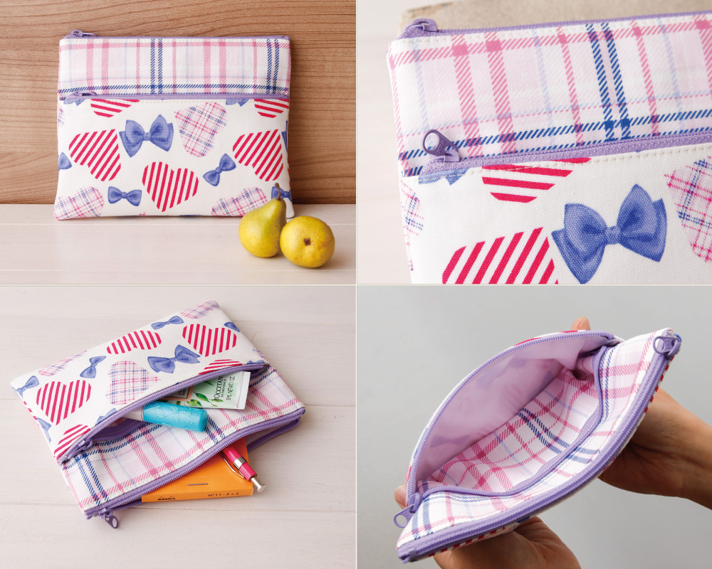 ☆リボン・ハートandチェック生地で作る「ダブルファスナーポーチ(S