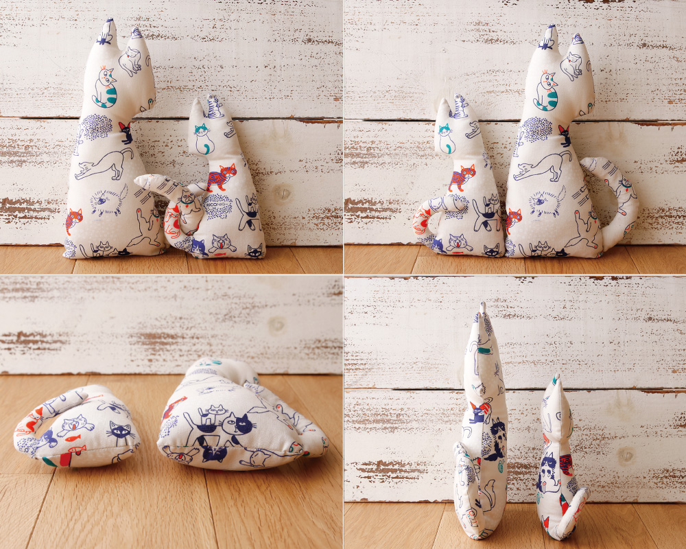 ☆ネコ柄プリント生地で作る「窓辺のネコ×2匹（S・M）」キット [M便 1