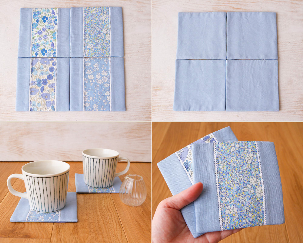 ハンドメイド コースター 4枚 北欧 お花柄 リネン ブルー ☆Libertyで作る「お花模様のコースター4枚セット」キット [M便 1/3]の
