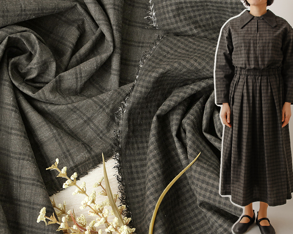 5mカット】ヴィンテージ墨汁染めのコットンandリネンチェック Kate [M